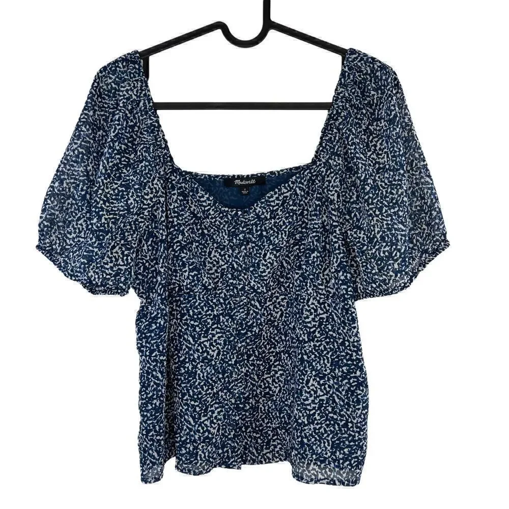 Madewell Blue Indigo Bengali Blockprint Chiffon Sweetheart Lined Blouse Size 2